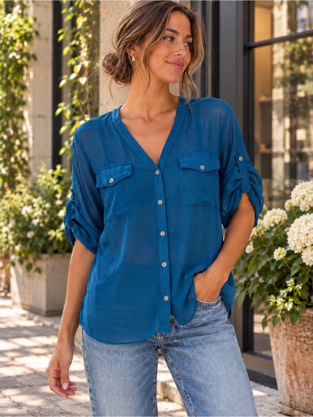 Umgee Teal Sheer Utility Blouse Button Front Back Roll Tab Sleeve Small